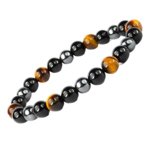 triple protection crystal bracelet natural black obsidian, tiger’s eye & hematite beads