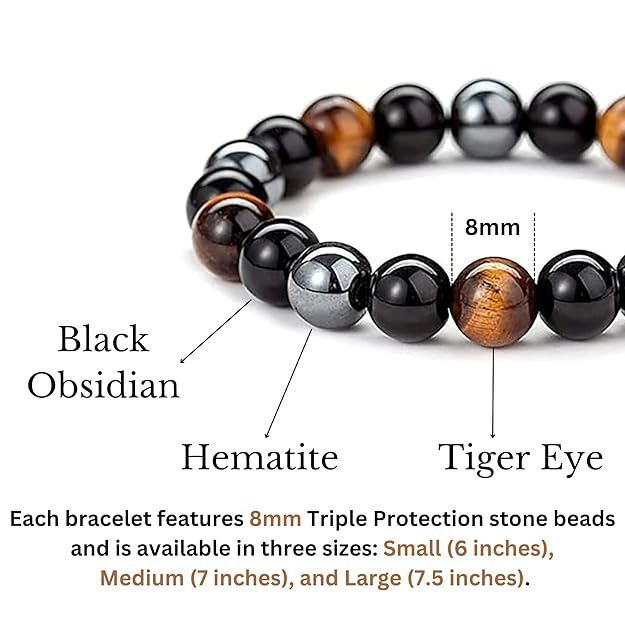 triple protection crystal bracelet natural black obsidian, tiger’s eye & hematite beads