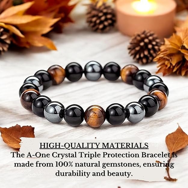 triple protection crystal bracelet natural black obsidian, tiger’s eye & hematite beads