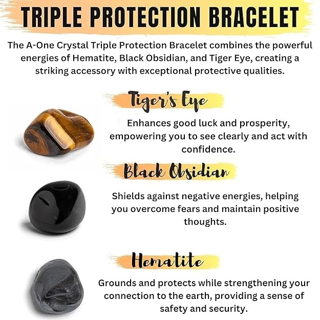 triple protection crystal bracelet natural black obsidian, tiger’s eye & hematite beads