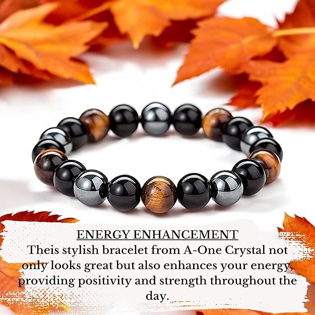 triple protection crystal bracelet natural black obsidian, tiger’s eye & hematite beads