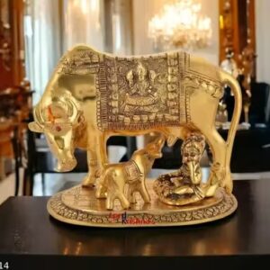 laxmi marble & granite kamdhenu cow with calf & krishna brass god figure showpiece decor (medium regular quality)