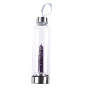 amethyst crystal glass water bottle | natural healing crystal infused bottle | positive energy & stress relief bottle (leak proof, reusable)
